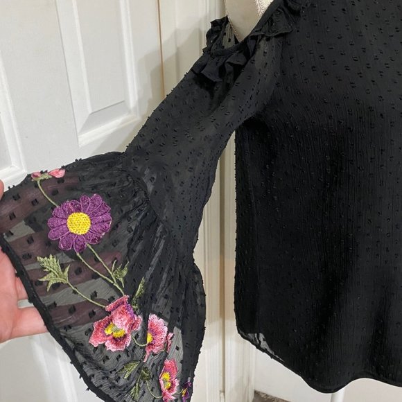 S Blue Rain Top with Embroidered Flowers on the Bell Sleeve Cuffs - Picture 3 of 10